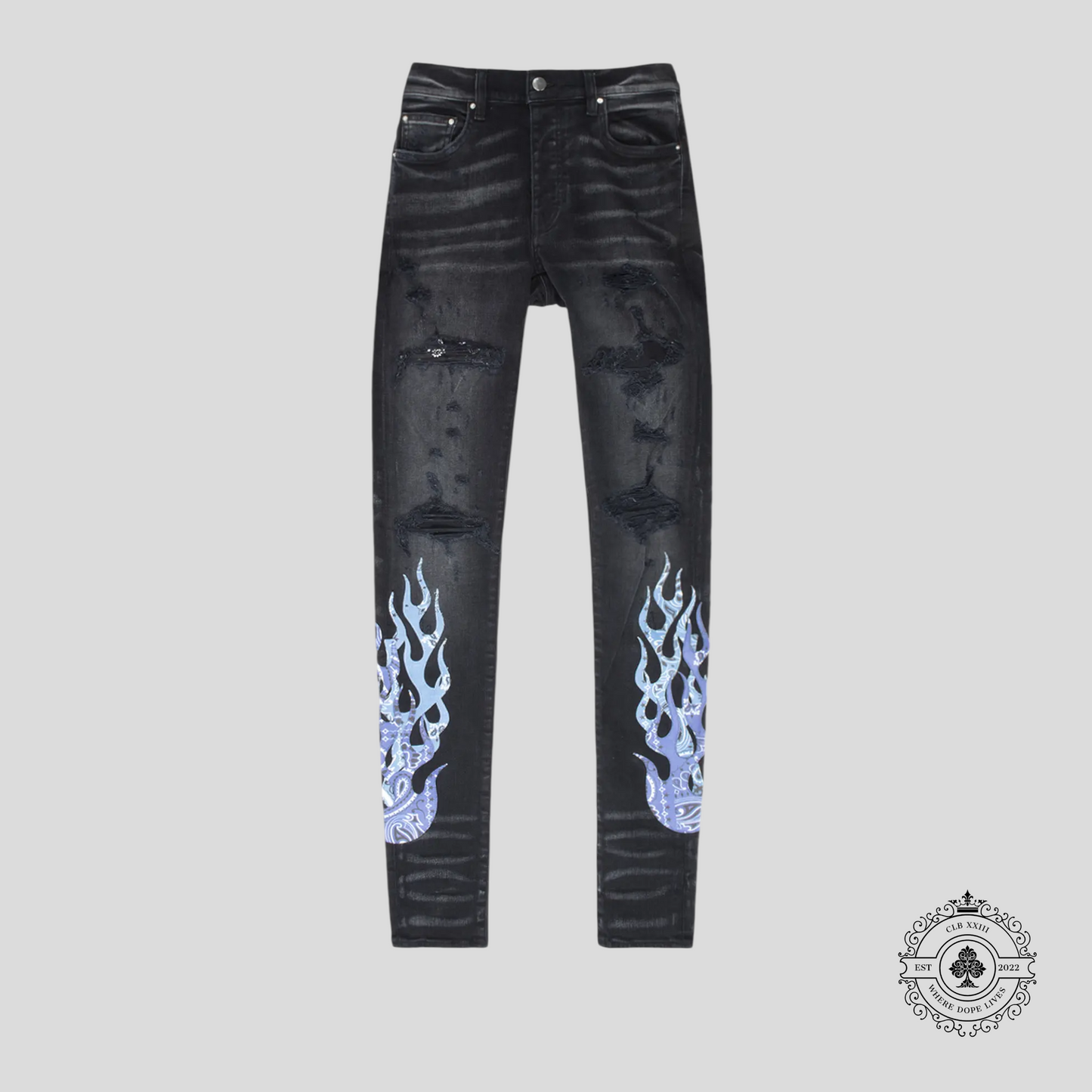 Amiri Bandana Flame Jeans in Black / Blue