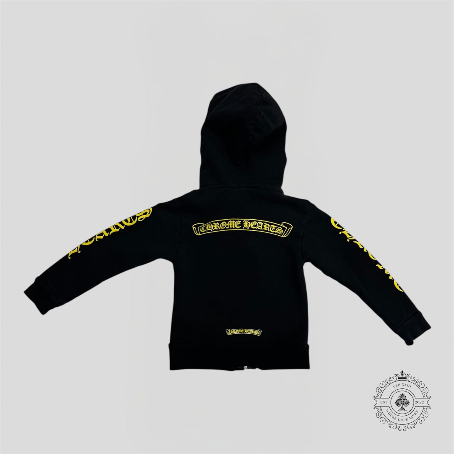Chrome Hearts Scroll Logo Zip Up Kids Hoodie in Black/Yellow