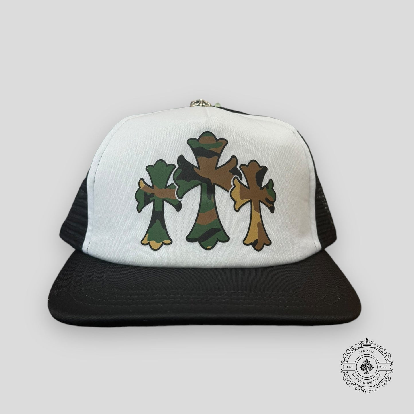 Chrome Hearts Triple Cross Trucker Hat in White / Camo