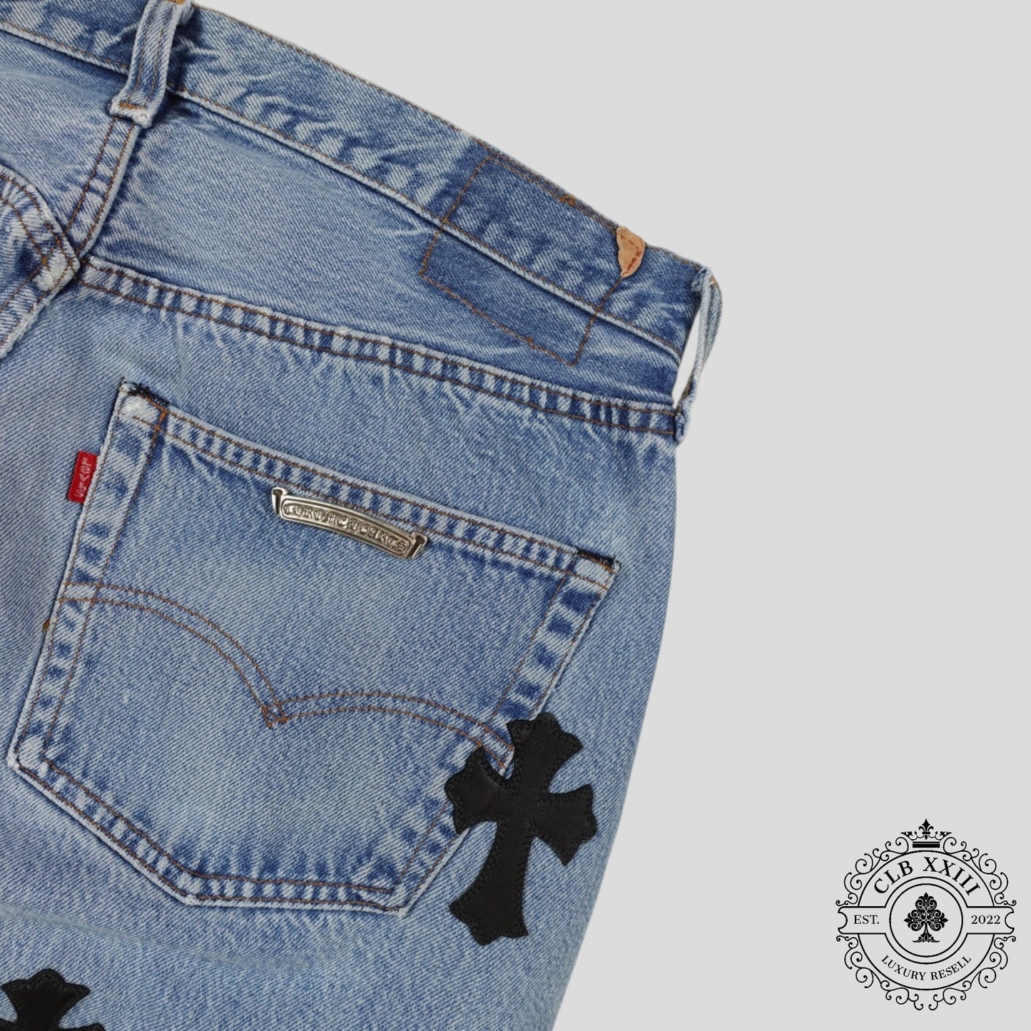 Chrome Hearts Cross Patch Levi 501 Red Line Jeans in Medium Wash/Black