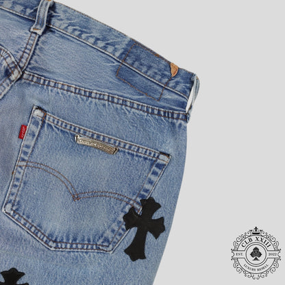 Chrome Hearts Cross Patch Levi 501 Red Line Jeans in Medium Wash/Black