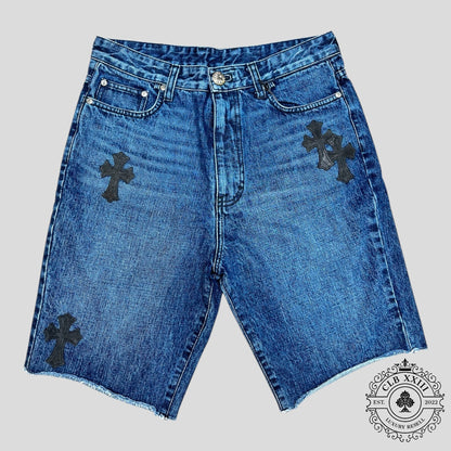 Chrome Hearts Leather Cross Patch Jean Shorts in Dark Wash