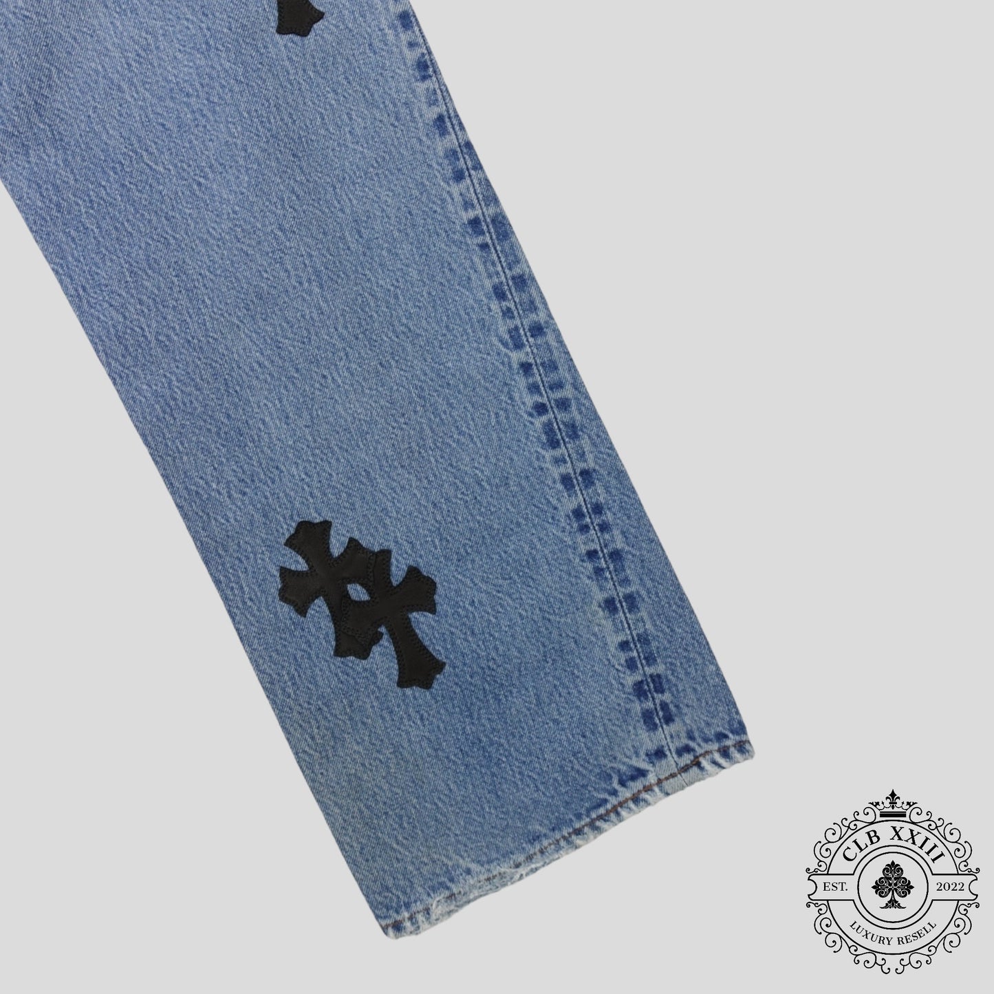 Chrome Hearts Cross Patch Levi 501 Red Line Jeans in Medium Wash/Black