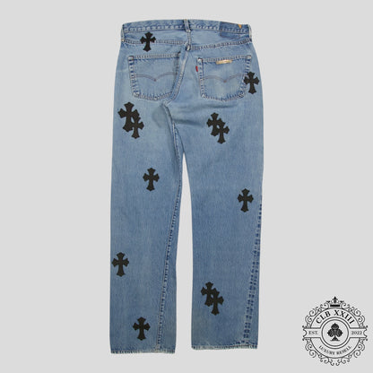 Chrome Hearts Cross Patch Levi 501 Red Line Jeans in Medium Wash/Black