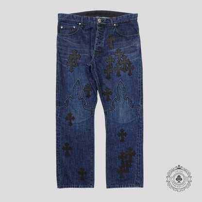 Chrome Hearts Fleur Knee Cross Patch Jeans in Dark Wash/Black