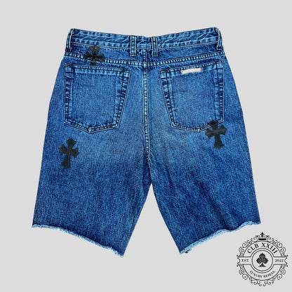 Chrome Hearts Leather Cross Patch Jean Shorts in Dark Wash
