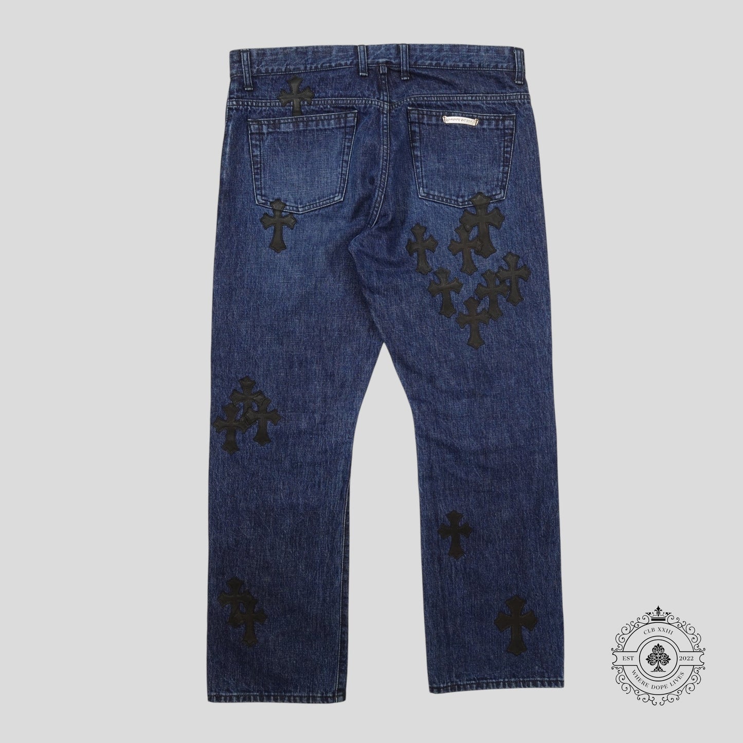 Chrome Hearts Fleur Knee Cross Patch Jeans in Dark Wash/Black