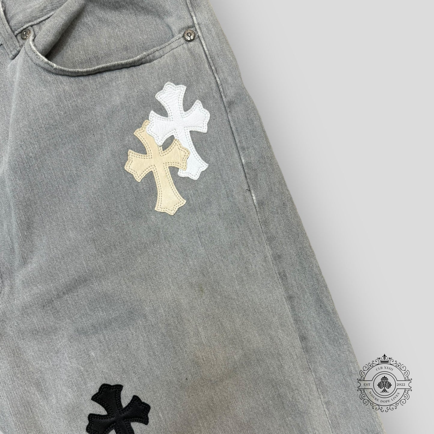 Chrome Hearts White / Cream Cross Patch Jeans