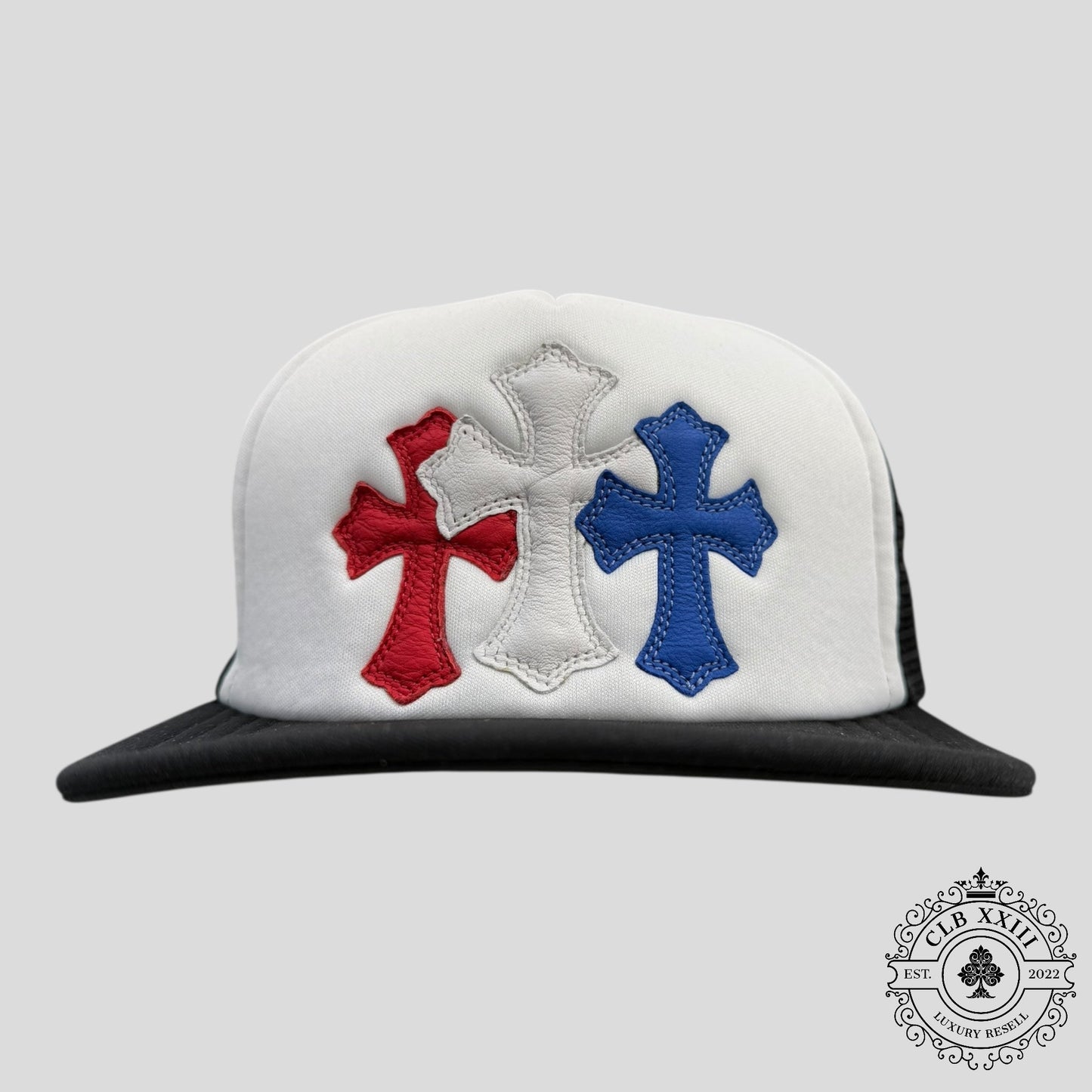 Chrome Hearts Triple Cross Trucker Hat in White/Red/Blue