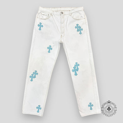 Chrome Hearts Cross Patch Jeans in White / Blue