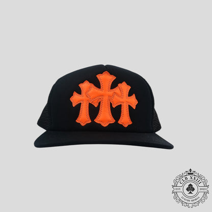 Chrome Hearts Triple Cross Trucker Hat in Black / Orange
