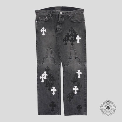 Chrome Hearts Fleur Knee Cross Patch Jeans in Black / White