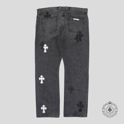 Chrome Hearts Fleur Knee Cross Patch Jeans in Black / White