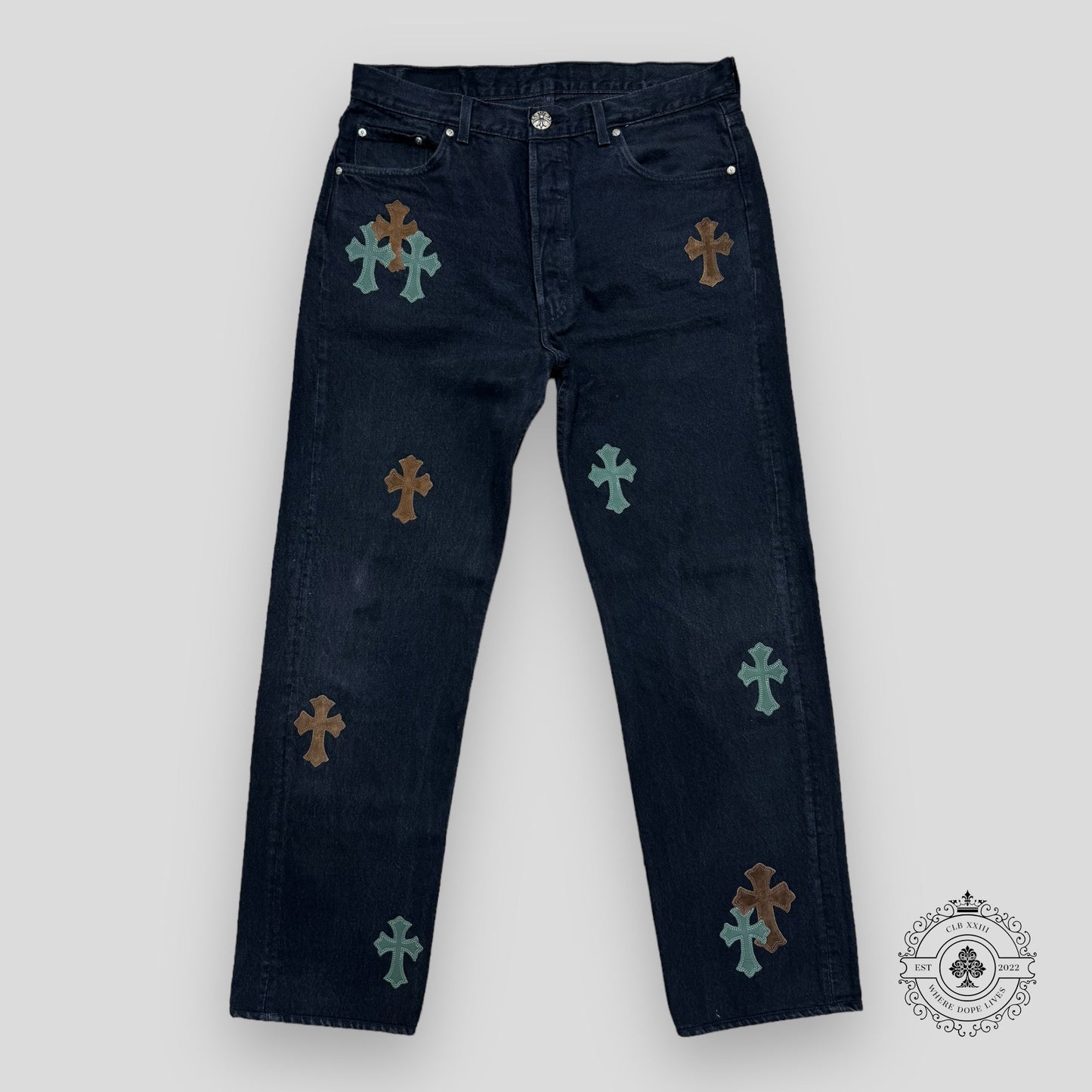 Chrome Hearts Green / Brown Cross Patch Jeans