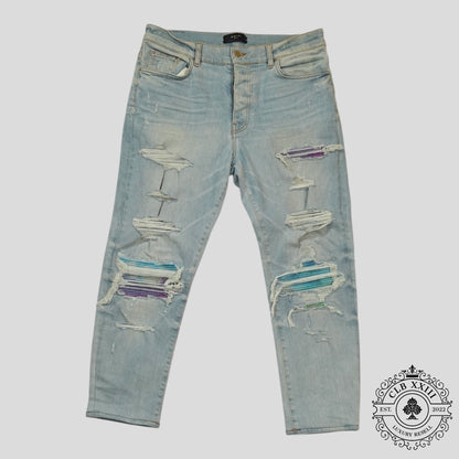 Amiri Watercolor Patch Jeans in Light Wash/Multicolor