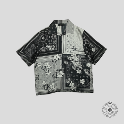 Amiri Bandana Floral Silk Button Up Bowling Shirt in Black/White