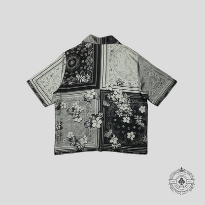 Amiri Bandana Floral Silk Button Up Bowling Shirt in Black/White