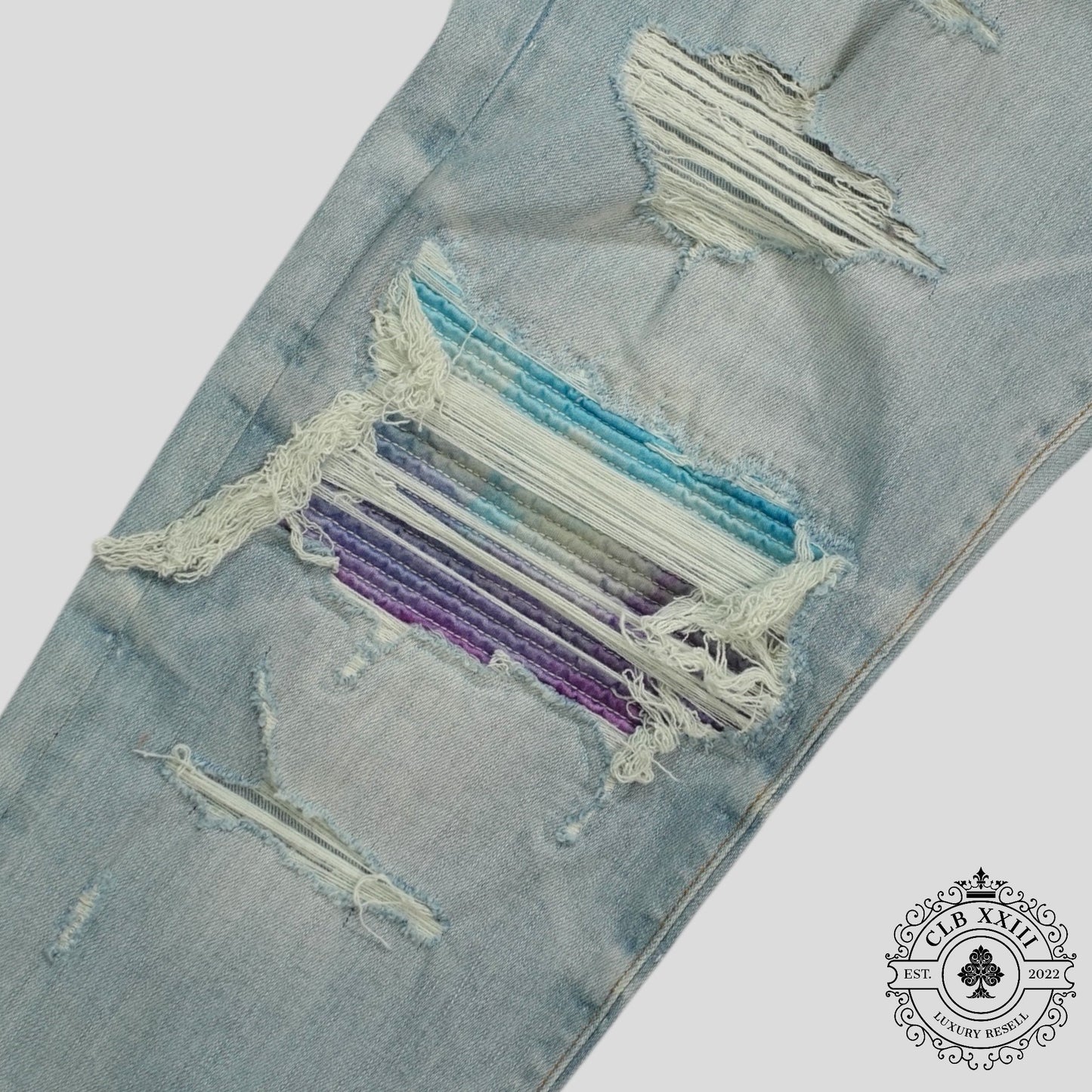 Amiri Watercolor Patch Jeans in Light Wash/Multicolor