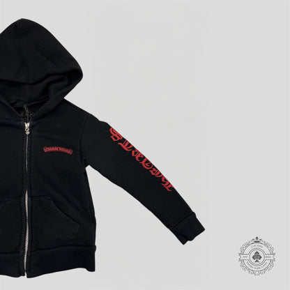 Chrome Hearts Scroll Logo Zip Up Kids Hoodie in Black/Red