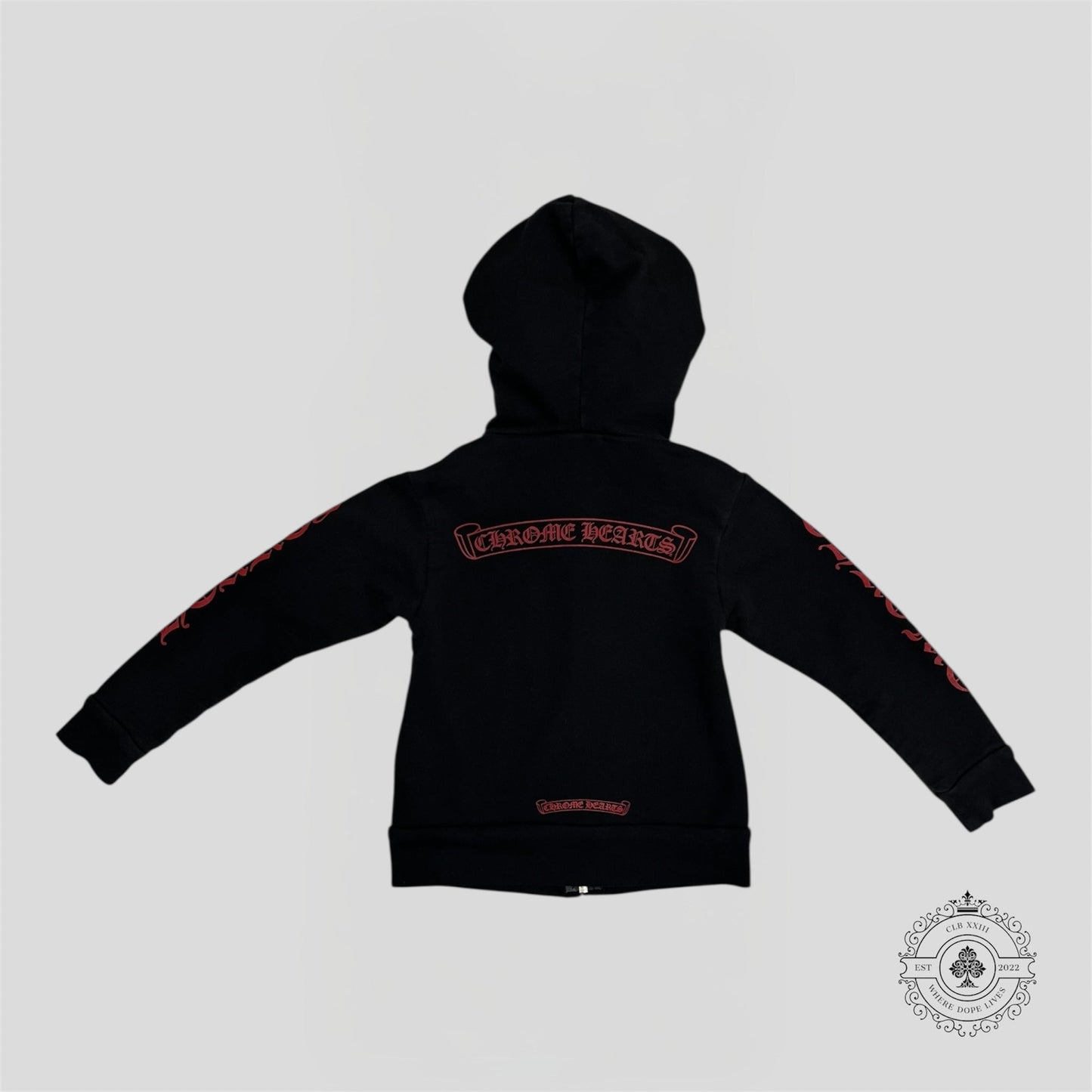 Chrome Hearts Scroll Logo Zip Up Kids Hoodie in Black/Red