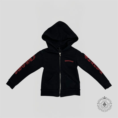 Chrome Hearts Scroll Logo Zip Up Kids Hoodie in Black/Red