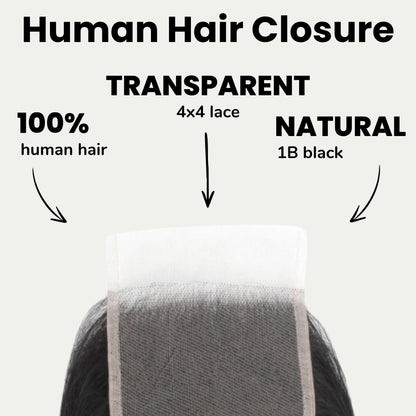 Malaysian Straight 4x4 Transparent Lace Human Hair Closure