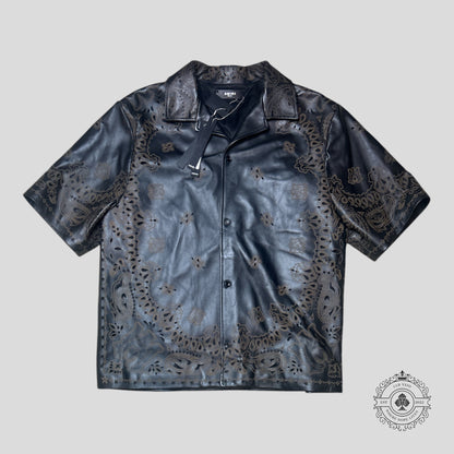 Amiri Leather Bandana Button Up Bowling Shirt in Brown