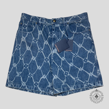 Louis Vuitton Fishnet Monogram Denim Shorts in Medium Wash