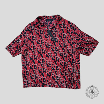 Amiri Staggered Logo Silk Button Up Bowling Shirt in Red/Black