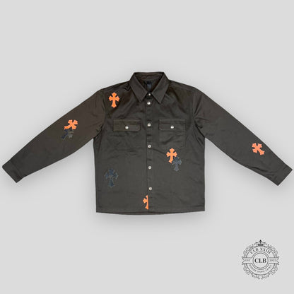 CHROME HEARTS CROSS PATCH WORK DOG SHIRT - BROWN