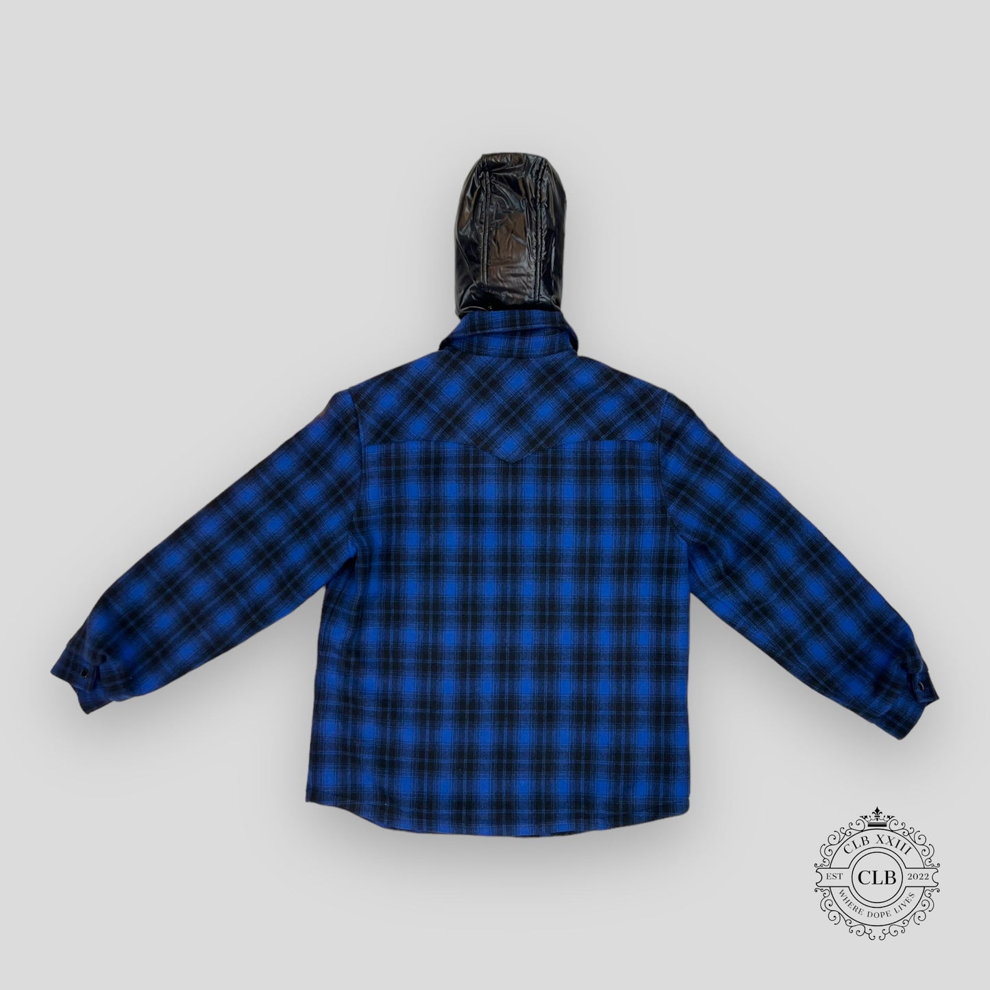 Celine Homme Logo Nylon Trim Flannel Hooded Overshirt in Blue