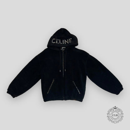 Celine Homme Logo Embellished Fleece Hoodie in Black